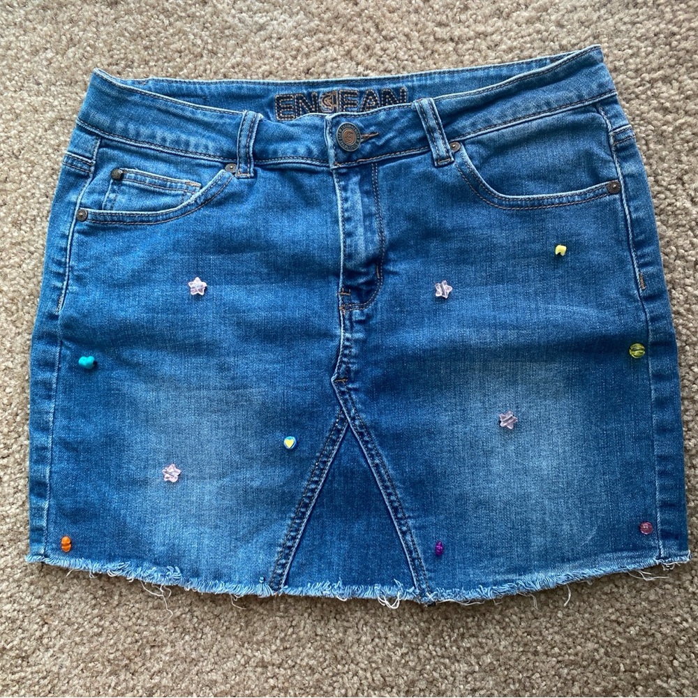 Enjean women’s medium denim mini skirt Upcycled beaded stars hearts colorful